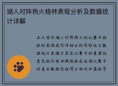 湖人对阵热火格林表现分析及数据统计详解